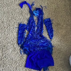 Blue shimmery flapper dress with shorts, flower headpiece, & additional sleeves